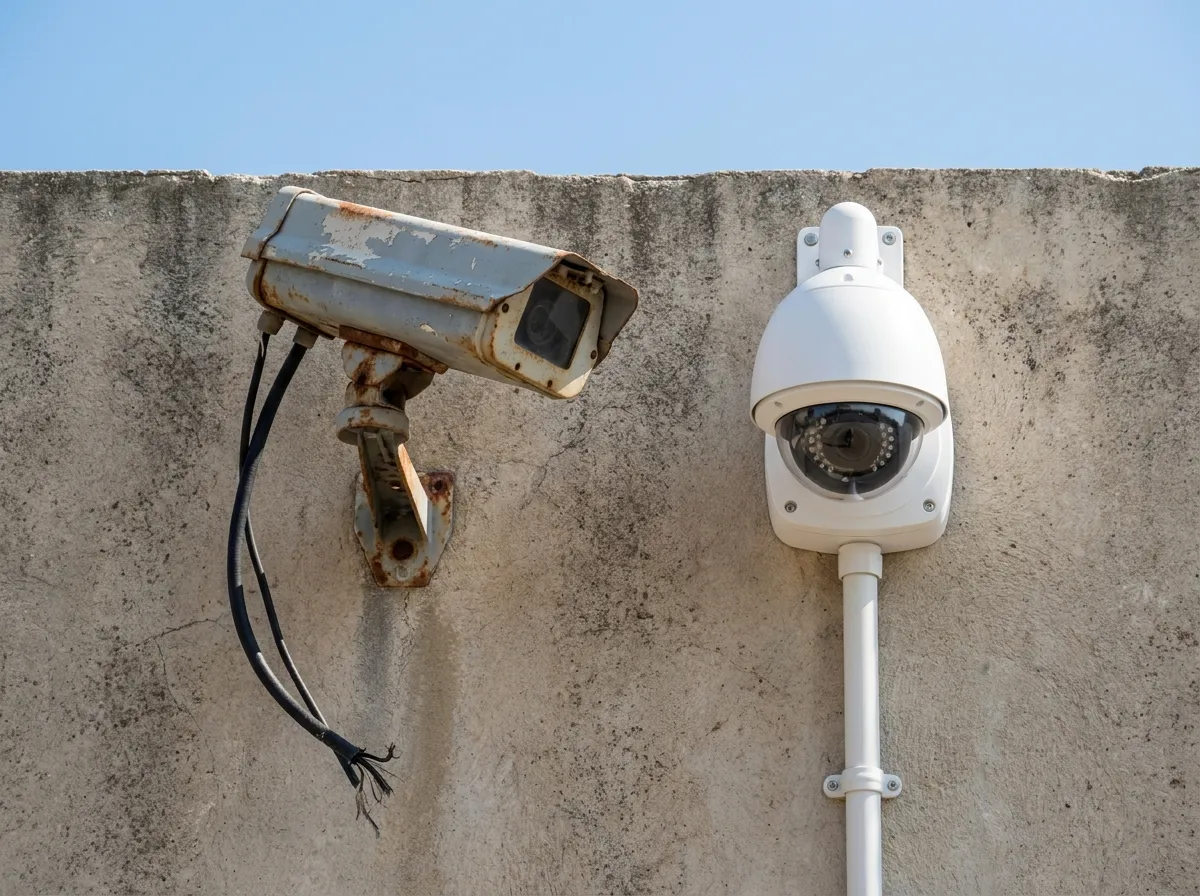 Old weathered analog CCTV camera next to a new IP camera