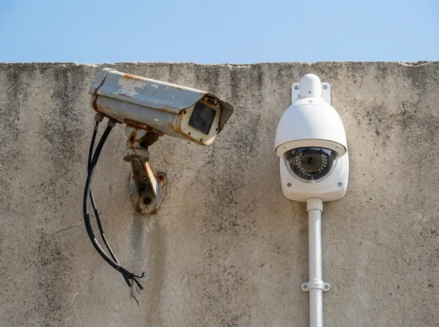 Old analog camera next to a new IP camera on a wall