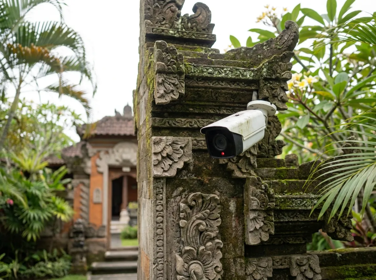 IP security camera installed on a carved Balinese gate pillar