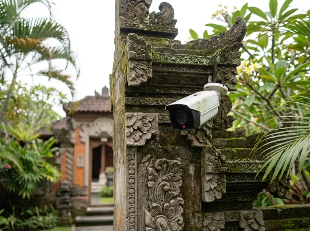 White IP security camera on a carved Balinese stone gate