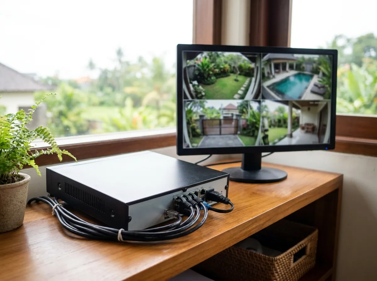 NVR recorder and monitor showing villa camera views