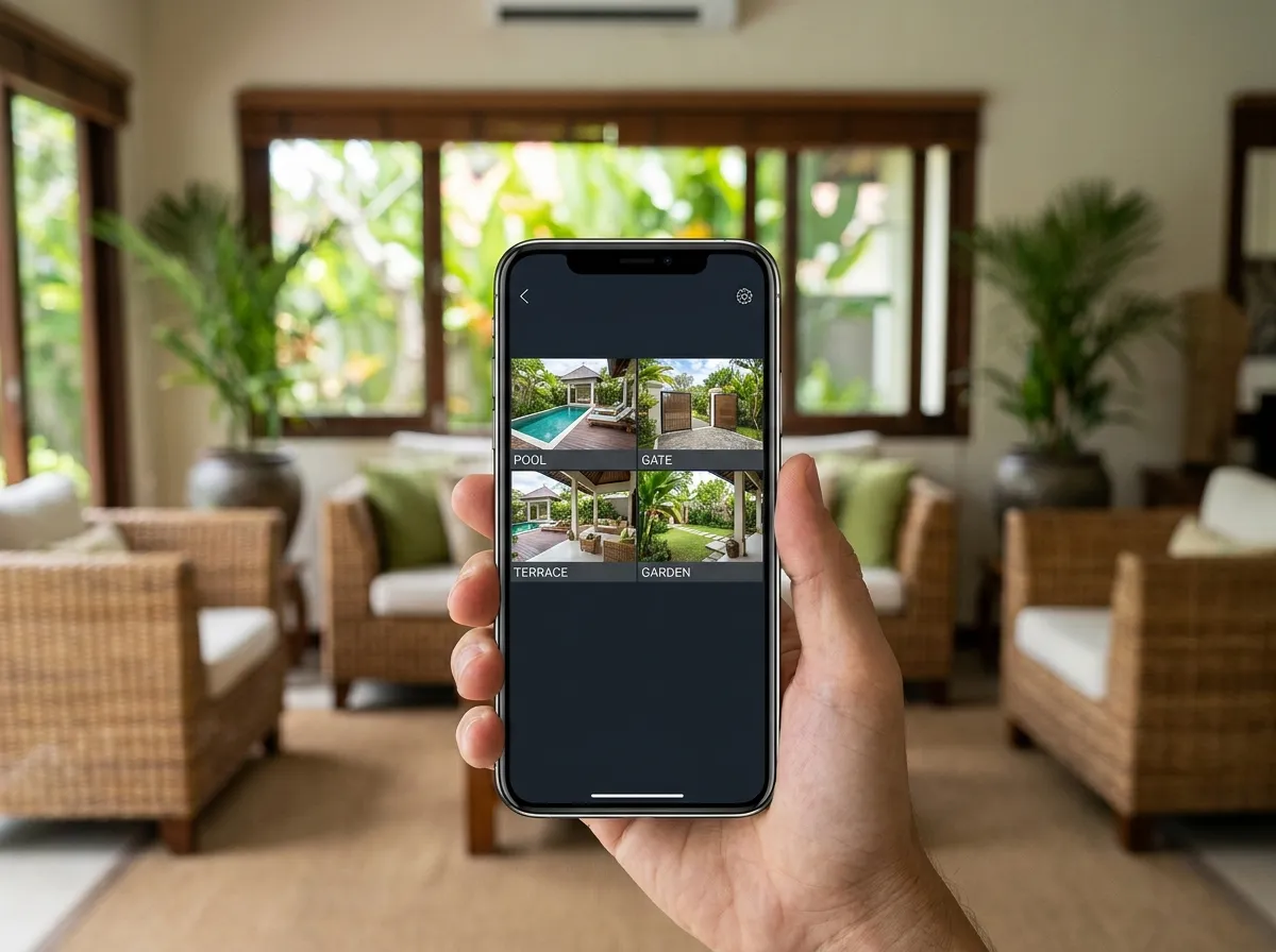 Smartphone showing live security camera views of a Bali villa
